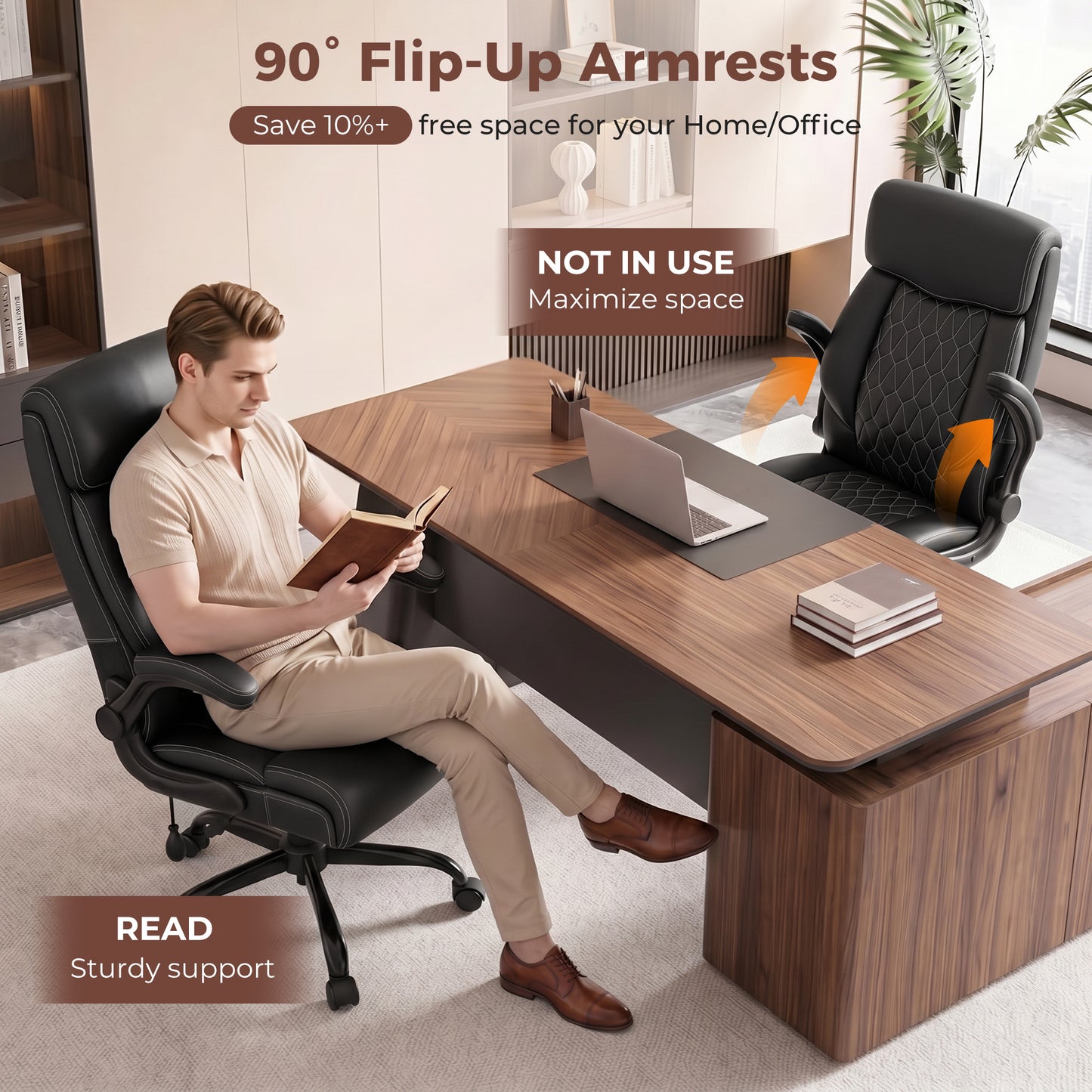 Executive Office Chair, Ergonomic Leather Computer Desk Chair with Adjustable Lumbar Support &amp; Flip-Up Arms, High Back Comfortable Office Chair for Home Office Gaming