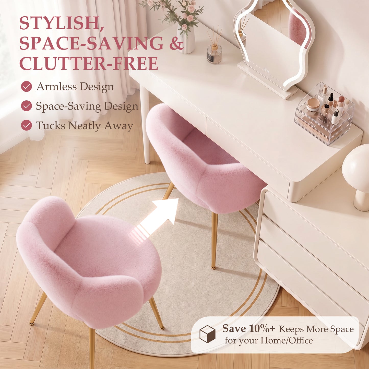 FIDOM Faux Fur Vanity Chair with 3.15" Thick Cushion, Cloud Makeup Chair with Gold Legs for Girls Women, Aesthetic Armless Desk Chair No Wheels for Bedroom, Dorm & Home Office