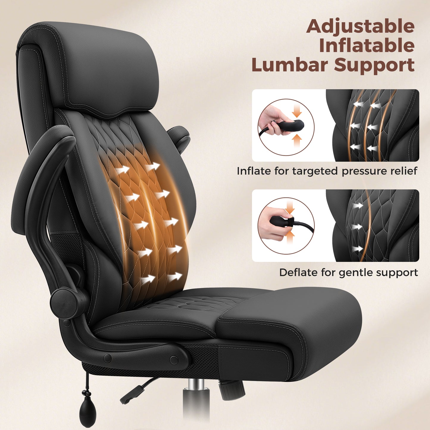 Executive Office Chair, Ergonomic Leather Computer Desk Chair with Adjustable Lumbar Support &amp; Flip-Up Arms, High Back Comfortable Office Chair for Home Office Gaming
