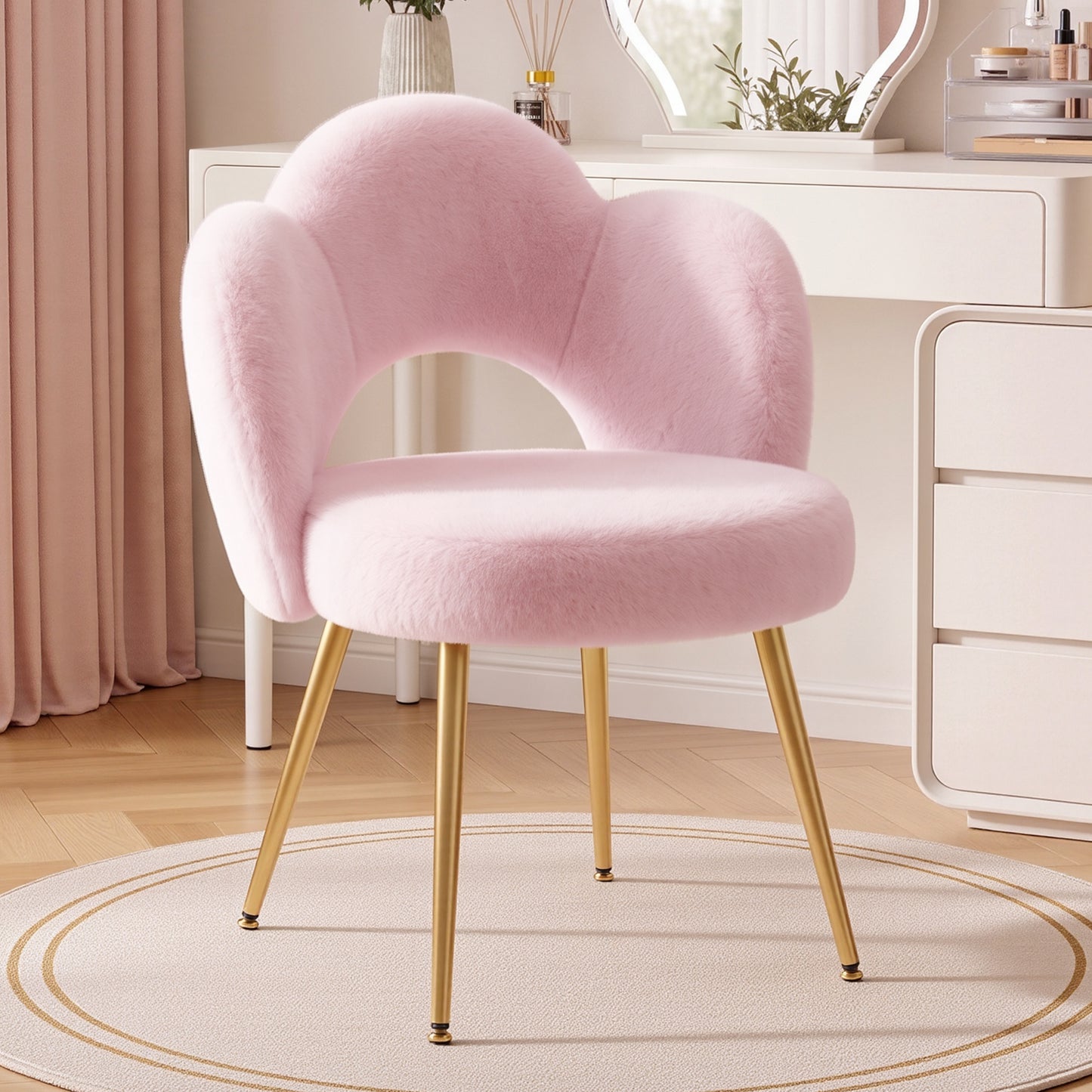 FIDOM Faux Fur Vanity Chair with 3.15" Thick Cushion, Cloud Makeup Chair with Gold Legs for Girls Women, Aesthetic Armless Desk Chair No Wheels for Bedroom, Dorm & Home Office