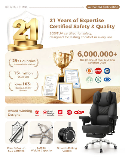 FIDOM Big and Tall Office Chair, Heavy Duty Computer Desk Chair with FootRest & Ergonomic Lumbar Support, High Back Executive Leather Chair for Home Office Gaming