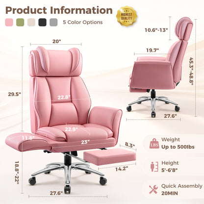 Big and Tall Office Chair, Flip Armrests for Cross Legged Sitting, Ergonomic Leather Executive Desk Chair with Foot Rest, High-Back Reclining Computer Chairs for Office Home Game