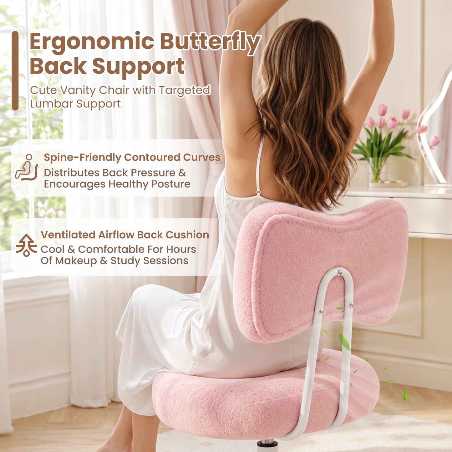 Office Vanity Chair with Wheels Comfy Desk Chair with Back for Girls Women, Height Adjustable, 360°Rolling Swivel, for Makeup Living Room Bedroom Home Office Task, Modern Stylish and Comfortable