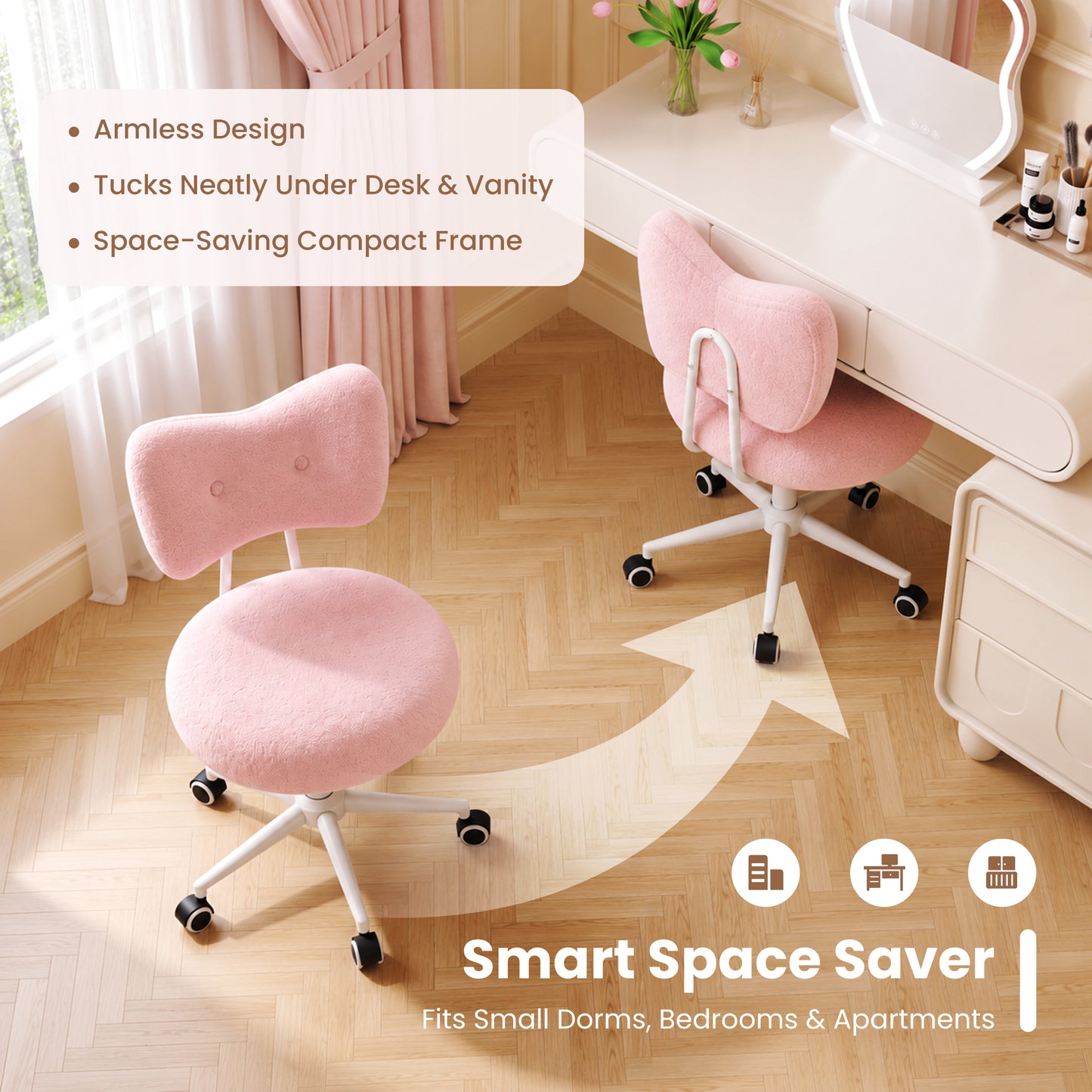 Office Vanity Chair with Wheels Comfy Desk Chair with Back for Girls Women, Height Adjustable, 360°Rolling Swivel, for Makeup Living Room Bedroom Home Office Task, Modern Stylish and Comfortable