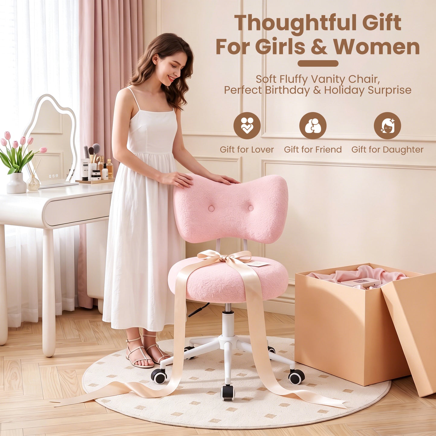 Office Vanity Chair with Wheels Comfy Desk Chair with Back for Girls Women, Height Adjustable, 360°Rolling Swivel, for Makeup Living Room Bedroom Home Office Task, Modern Stylish and Comfortable